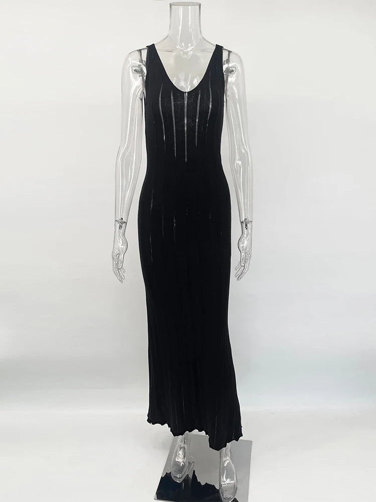 Trendix Knit Backless Dress For Women V Neck Slim Sleeveless Suspender Maxi Dress Vacation Sexy Beach Knitted Elegant Long Dress