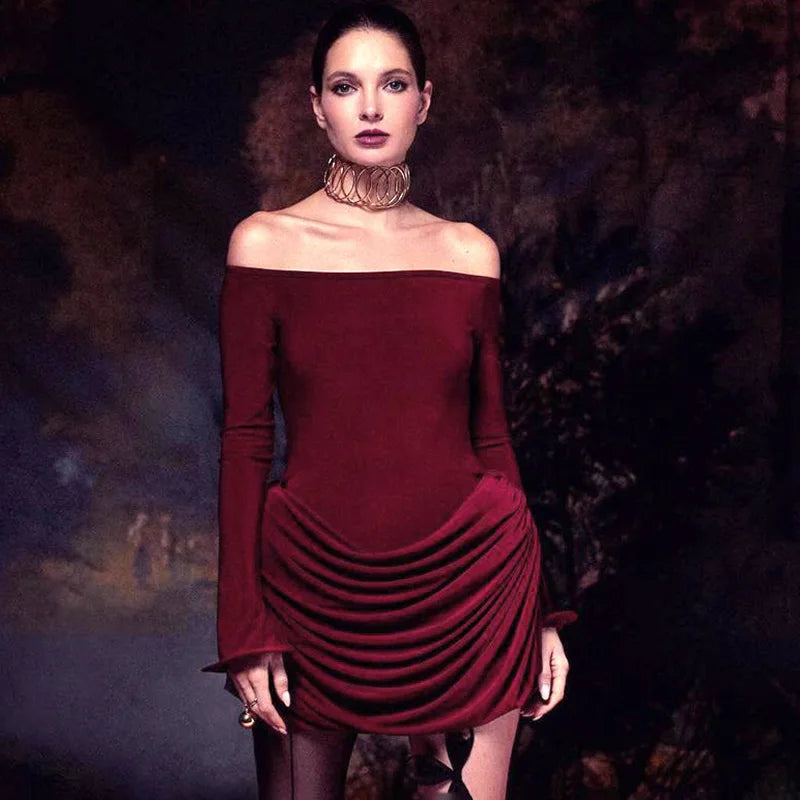 Trendix Pleated Bodycon Mini Dress Women's Sexy Off Shoulder High Waist Long Sleeve Dresses Femme Party Elegant Burgundy Dress
