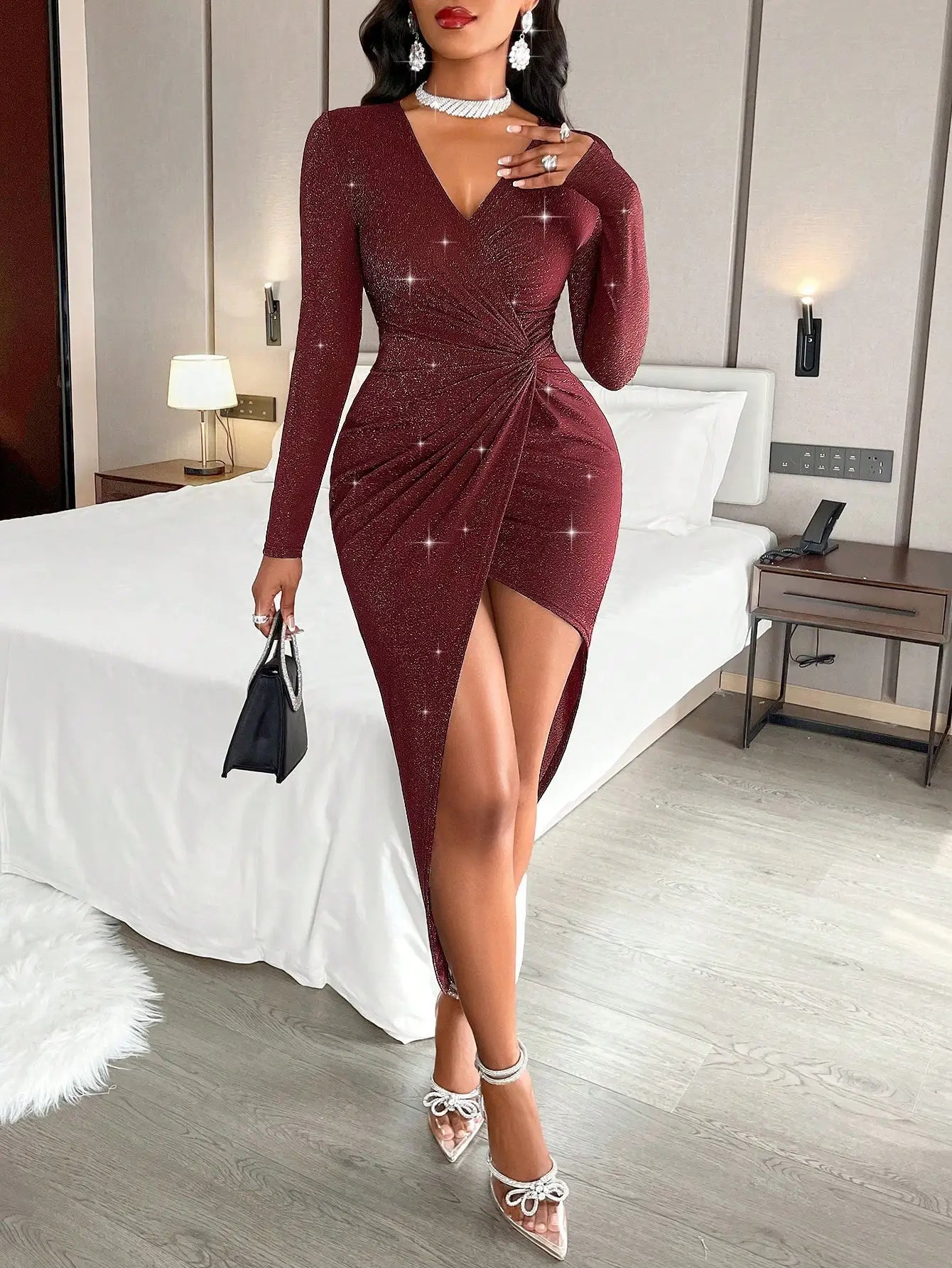 Women's Sexy Side Twist Deep V- Neck Long Sleeves High Slit Bodycon Midi Dress With Glitter Detail For Dating