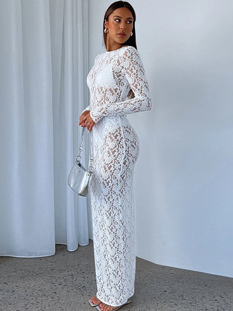 Trendix Sexy Lace See Through Dress Women's Solid Long Sleeve O Neck Elegant Evening Dresses Fashion Hollow Beach Party Dress