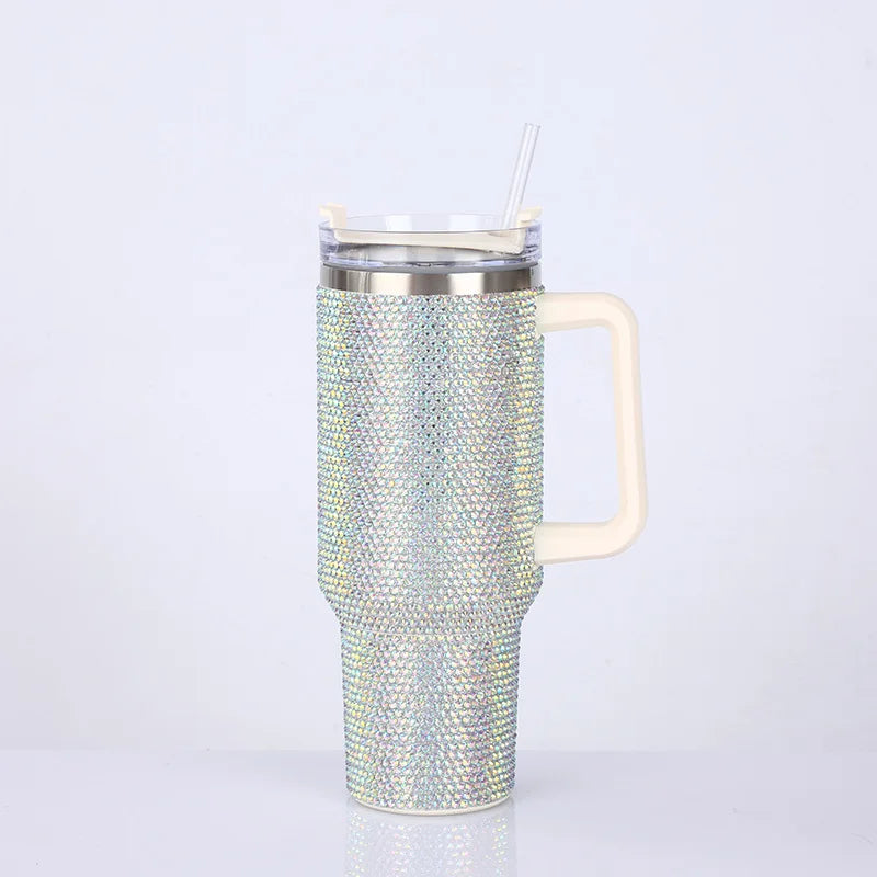New 40oz Rhinestone Embellished Thermos Cup with Handle Tumbler Cup Coffee Insulated Bottle Car Vacuum Flasks Keep Cold And Ice