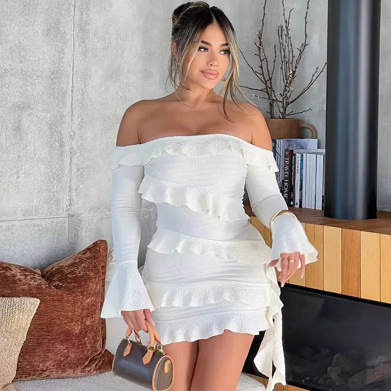 Trendix Ruffle Off Shoulder Dress Women Sexy Backless Long Sleeve High Waist Mini Dress Party Fashion Elegant Vacation Dresses
