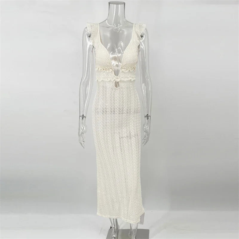 Trendix Deep V Neck Knit Dresses Women Sleeveless See Through High Waist Cover Up Dress Femme Vacation Sexy Knitted Beach Dress