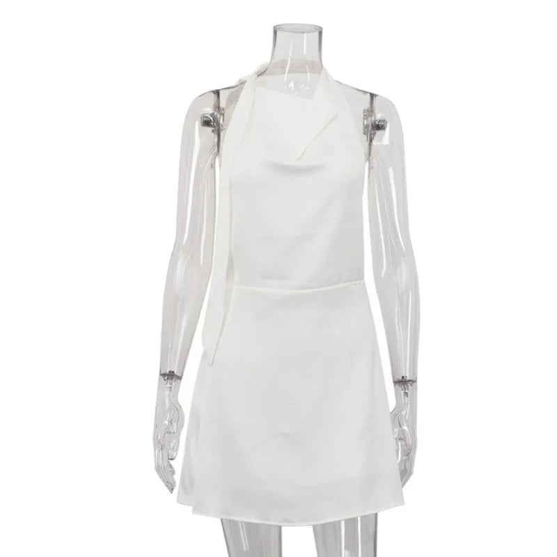 Trendix Sexy Backless Satin Dress For Women Solid Fashion Lace Up Halter Mini Dresses Vacation Casual Party A-Line Elegant Dress