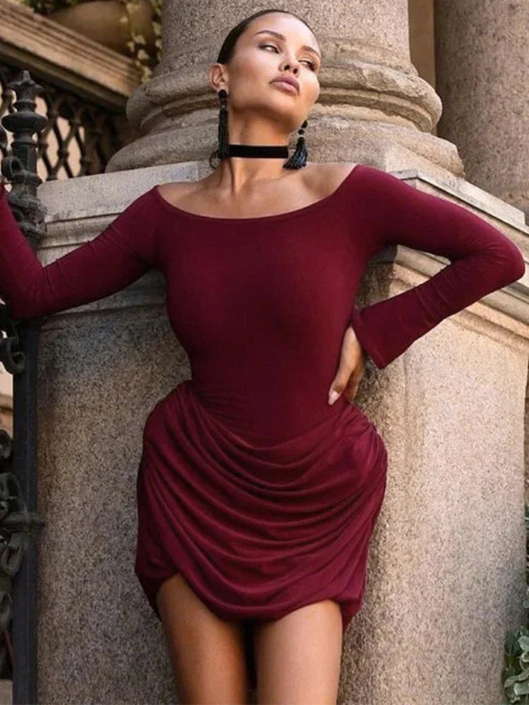 Trendix Pleated Bodycon Mini Dress Women's Sexy Off Shoulder High Waist Long Sleeve Dresses Femme Party Elegant Burgundy Dress