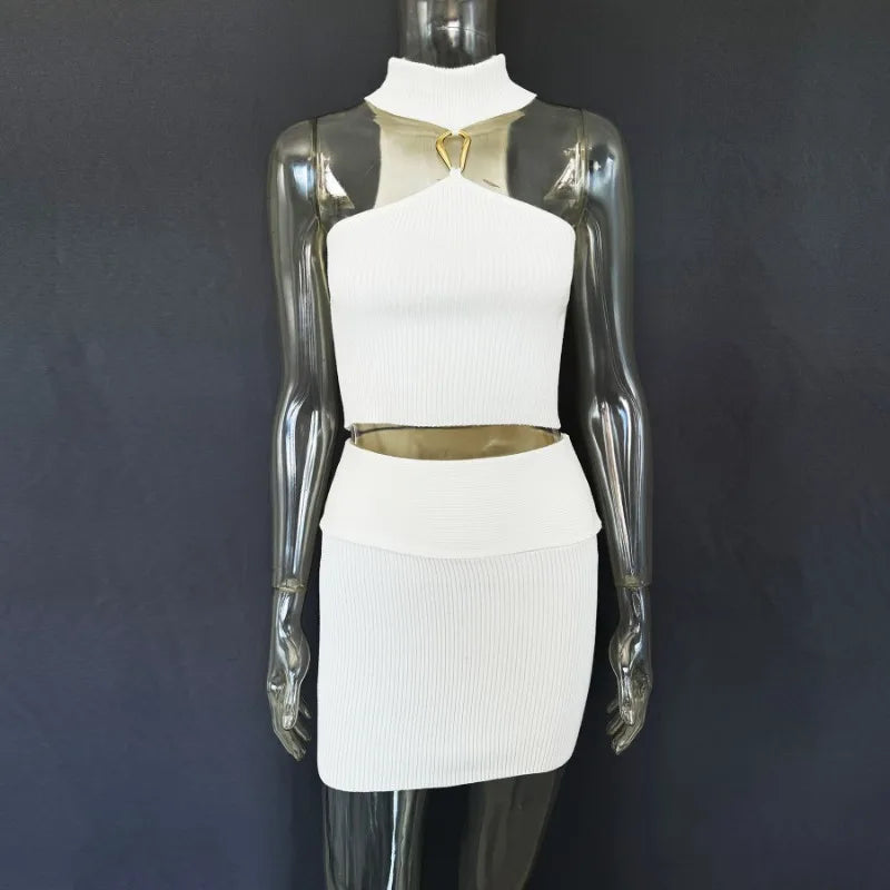 Trendix Knit Top 2 Piece Women Summer Off Shoulder O Neck Slim Crop Tops High Waist Rib Knitwear Tank And Sheath Skirt Sets 2025