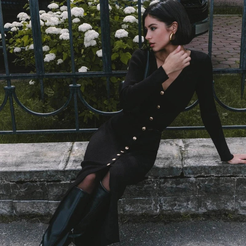 Trendix Elegant Evening Dress Women V Neck Long Sleeve Patchwork Button Slit Sweater Dresses 2024 Autumn Winter Knit Maxi Dress