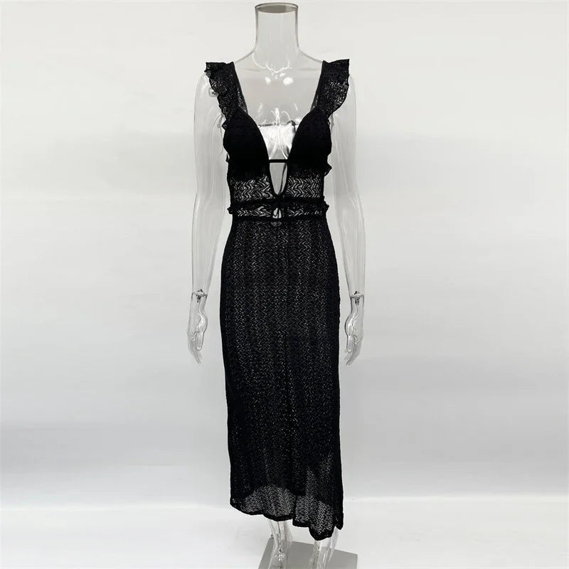 Trendix Deep V Neck Knit Dresses Women Sleeveless See Through High Waist Cover Up Dress Femme Vacation Sexy Knitted Beach Dress