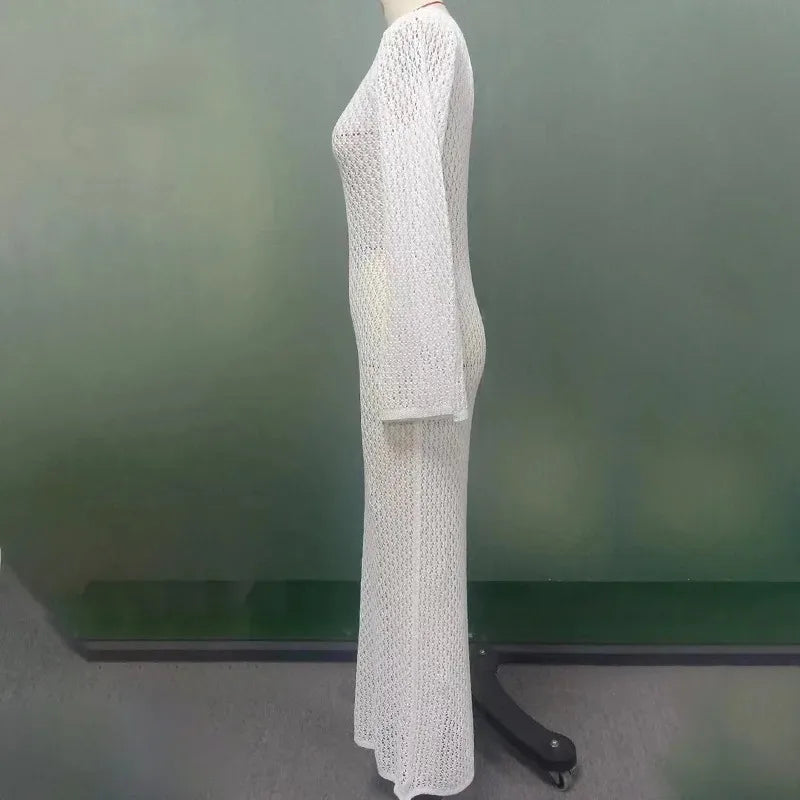 Trendix Knitted Crochet Cover Up Dress Women White Hollow Long Sleeve Maxi Dresses Vacation V Neck Backless Beach Dress Femme