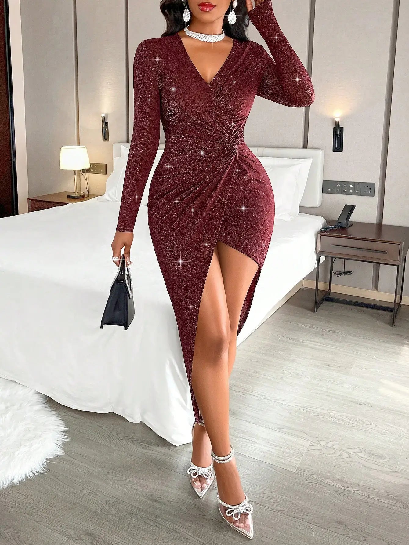 Women's Sexy Side Twist Deep V- Neck Long Sleeves High Slit Bodycon Midi Dress With Glitter Detail For Dating