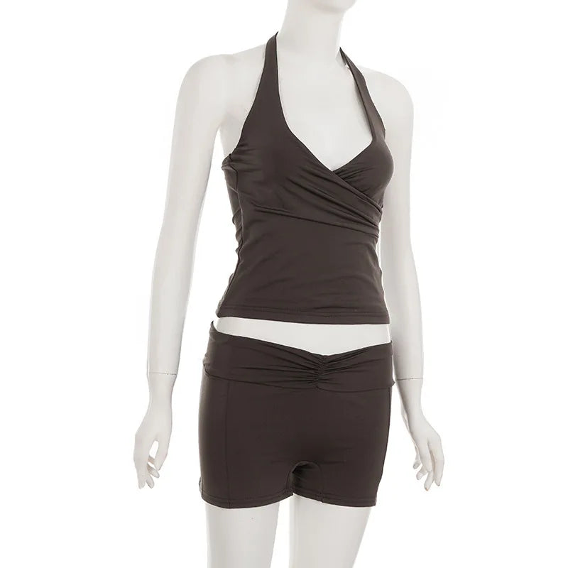 Trendix Bodycon Tank Tops 2 Piece Sets Women Summer Slim Solid Sports Yoga Shorts Ladies Street Sexy Deep V Neck Crop Top Suits