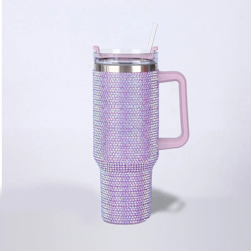 New 40oz Rhinestone Embellished Thermos Cup with Handle Tumbler Cup Coffee Insulated Bottle Car Vacuum Flasks Keep Cold And Ice