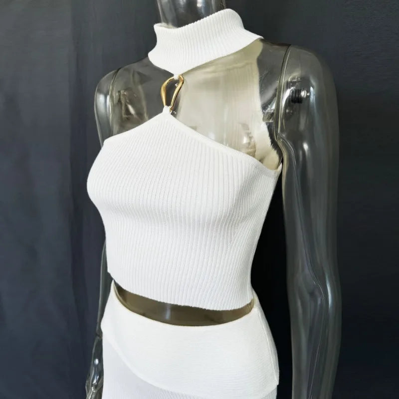 Trendix Knit Top 2 Piece Women Summer Off Shoulder O Neck Slim Crop Tops High Waist Rib Knitwear Tank And Sheath Skirt Sets 2025