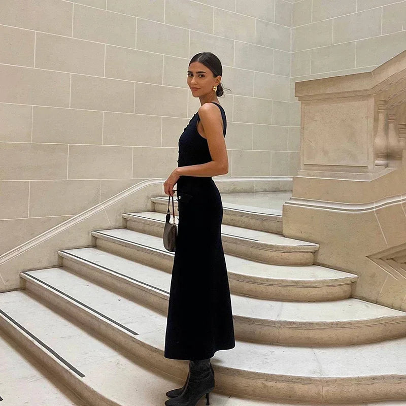 Trendix Elegant Knitted Dress For Women Patchwork Pocket Sleeveless High Waist Long Dresses Femme Street Slim Knit Evening Dress