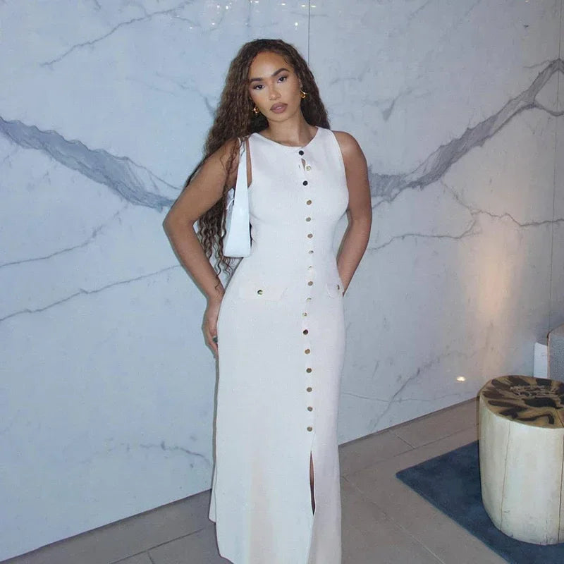 Trendix Elegant Knitted Dress For Women Patchwork Pocket Sleeveless High Waist Long Dresses Femme Street Slim Knit Evening Dress