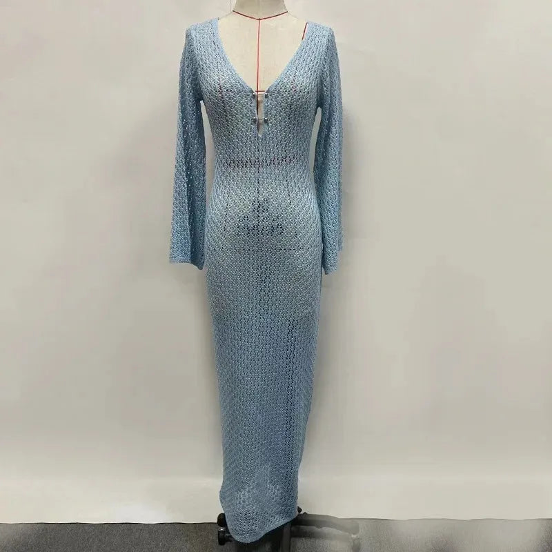 Trendix Knitted Crochet Cover Up Dress Women White Hollow Long Sleeve Maxi Dresses Vacation V Neck Backless Beach Dress Femme