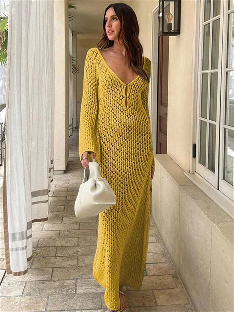 Trendix Knitted Crochet Cover Up Dress Women White Hollow Long Sleeve Maxi Dresses Vacation V Neck Backless Beach Dress Femme
