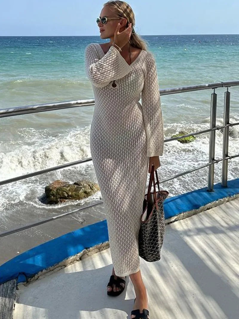 Trendix Knitted Crochet Cover Up Dress Women White Hollow Long Sleeve Maxi Dresses Vacation V Neck Backless Beach Dress Femme