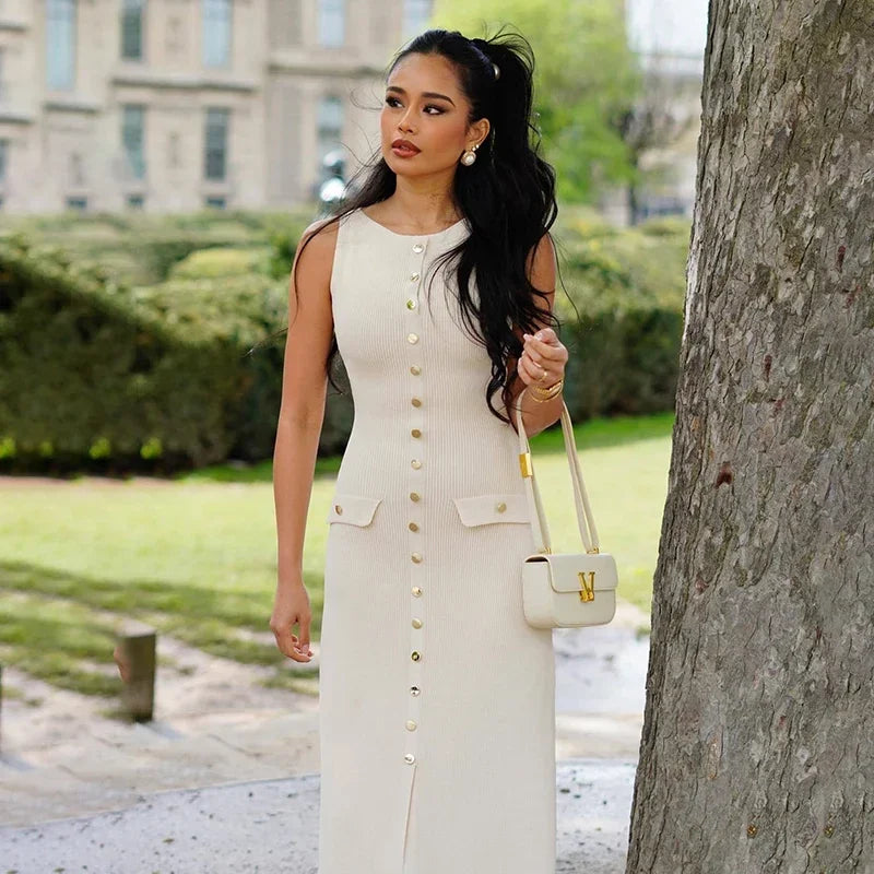 Trendix Elegant Knitted Dress For Women Patchwork Pocket Sleeveless High Waist Long Dresses Femme Street Slim Knit Evening Dress
