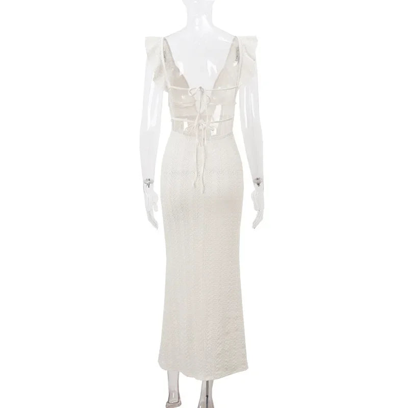 Trendix Deep V Neck Knit Dresses Women Sleeveless See Through High Waist Cover Up Dress Femme Vacation Sexy Knitted Beach Dress