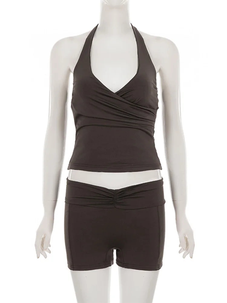 Trendix Bodycon Tank Tops 2 Piece Sets Women Summer Slim Solid Sports Yoga Shorts Ladies Street Sexy Deep V Neck Crop Top Suits