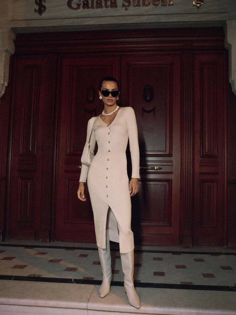 Trendix Elegant Evening Dress Women V Neck Long Sleeve Patchwork Button Slit Sweater Dresses 2024 Autumn Winter Knit Maxi Dress