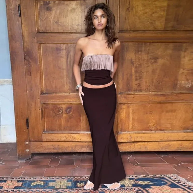 Trendix Tassel Tops 2 Piece Sets Women Sexy Off Shoulder Slim Pullover Crop Tops And Solid High Waist Sheath Skirt Suits Femme