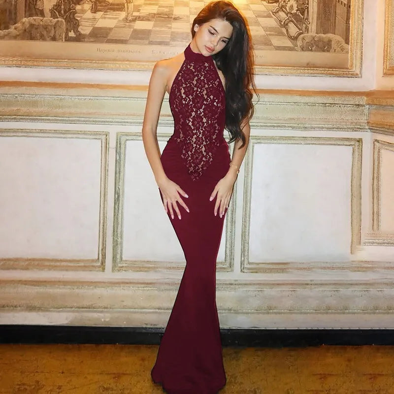 Trendix Lace Patchwork Elegant Evening Dress Women High Waist Slim Sleeveless Maxi Dresses Party Club Sexy Bodycon Long Dress