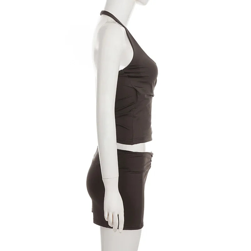 Trendix Bodycon Tank Tops 2 Piece Sets Women Summer Slim Solid Sports Yoga Shorts Ladies Street Sexy Deep V Neck Crop Top Suits