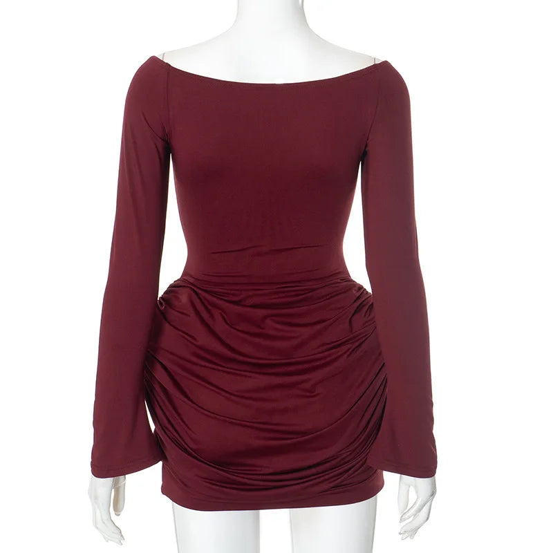 Trendix Pleated Bodycon Mini Dress Women's Sexy Off Shoulder High Waist Long Sleeve Dresses Femme Party Elegant Burgundy Dress