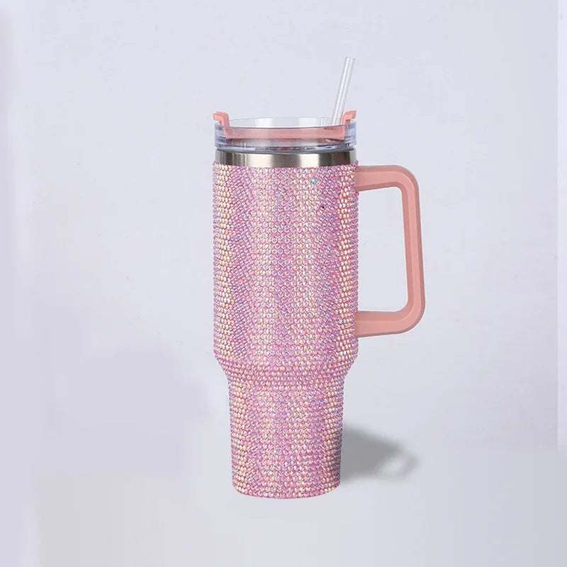 New 40oz Rhinestone Embellished Thermos Cup with Handle Tumbler Cup Coffee Insulated Bottle Car Vacuum Flasks Keep Cold And Ice
