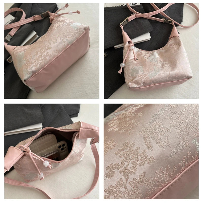 Retro Embroidery Women Handbag Adjustable Shoulder Straps Fashion Cheongsam Accessories Pearl Pendant Small Bucket Handbag