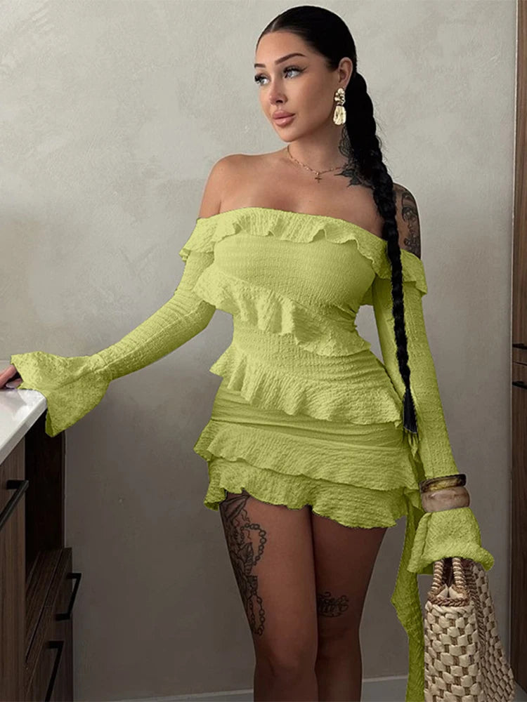 Trendix Ruffle Off Shoulder Dress Women Sexy Backless Long Sleeve High Waist Mini Dress Party Fashion Elegant Vacation Dresses
