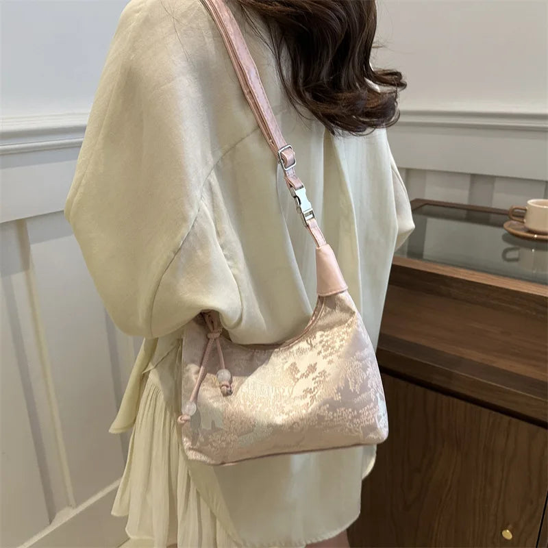 Retro Embroidery Women Handbag Adjustable Shoulder Straps Fashion Cheongsam Accessories Pearl Pendant Small Bucket Handbag