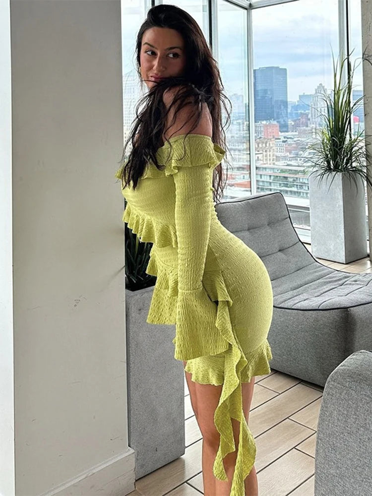 Trendix Ruffle Off Shoulder Dress Women Sexy Backless Long Sleeve High Waist Mini Dress Party Fashion Elegant Vacation Dresses