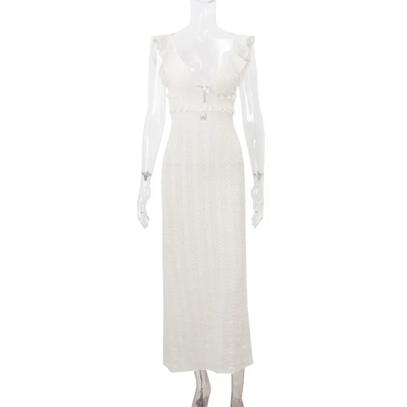 Trendix Deep V Neck Knit Dresses Women Sleeveless See Through High Waist Cover Up Dress Femme Vacation Sexy Knitted Beach Dress